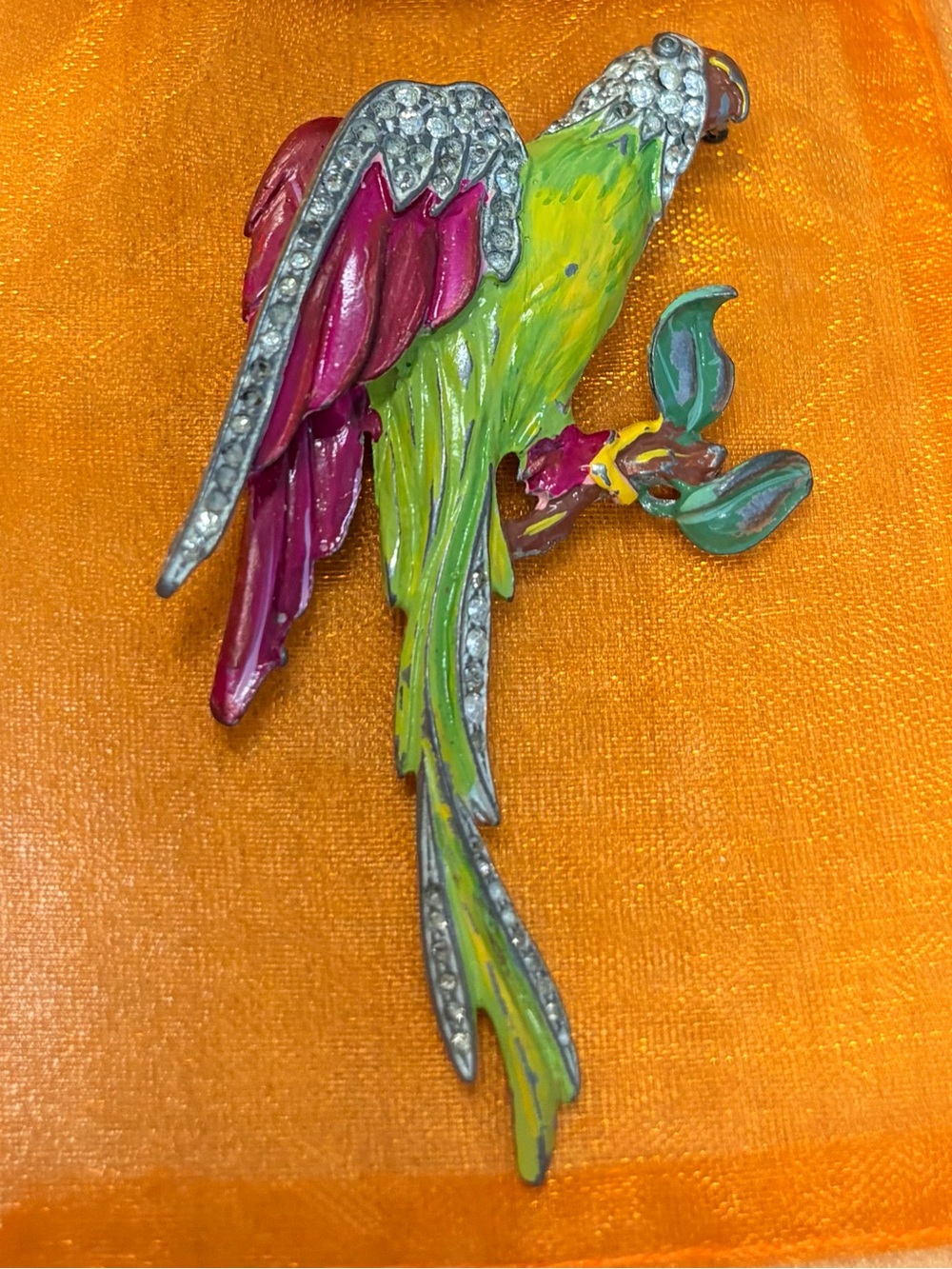 RARE 40s Colorful Sought After Macaw Enamel Brooch Pin- book piece
